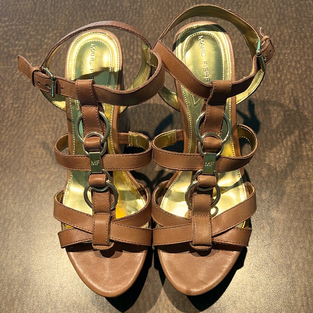 Marc Fisher Women Shoes Size 8.5 Brown w/gold Fashion Summer Cork Wedge